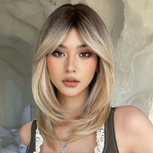 假发女全头套欧美风中分八字刘海混血层次感渐变金棕色锁骨发