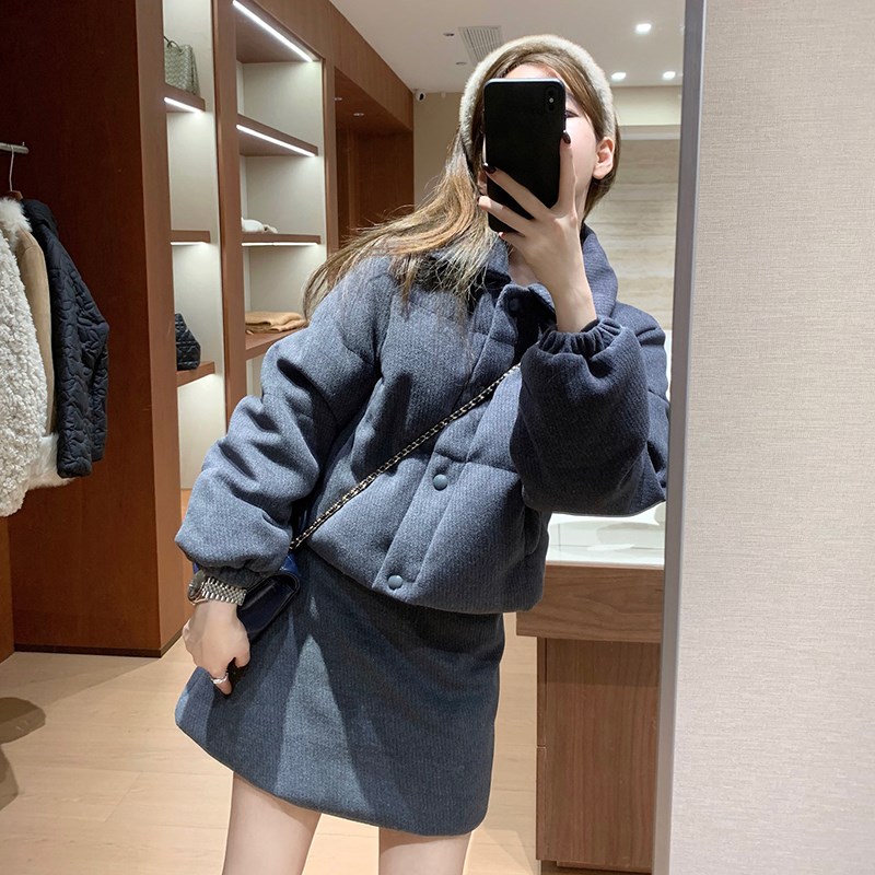 韩版冬季外穿新款韩系翻领短款棉衣棉服外套+半身裙a字短裙套装女