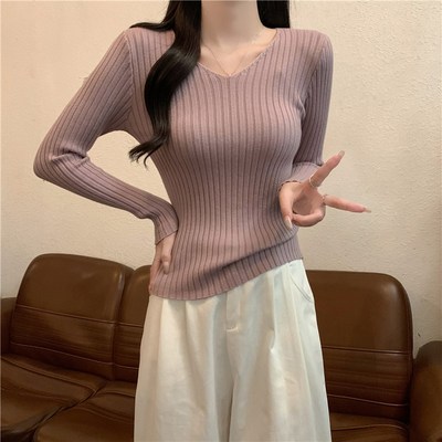 小个子短款内搭毛衣女春秋季2024新款修身洋气v领打底针织衫上衣