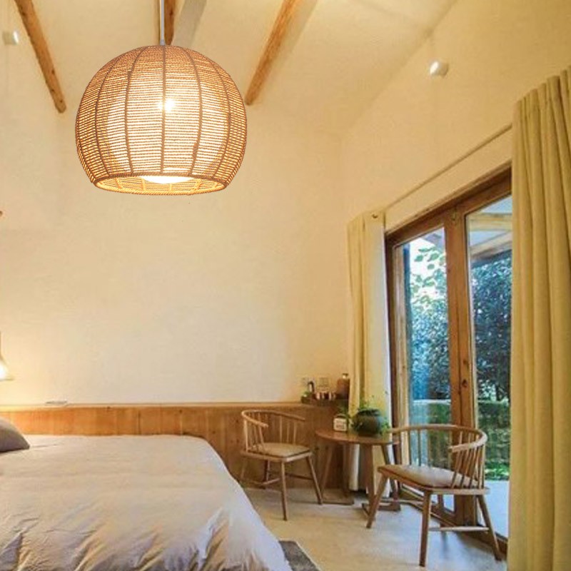 创意原木色自然居家麻绳编织吊灯日式北欧藤艺灯咖啡奶茶店餐厅灯