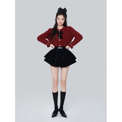 耶诞红色毛衣外套女秋冬2023新款黑色蝴蝶结加厚圆领针织开衫上衣