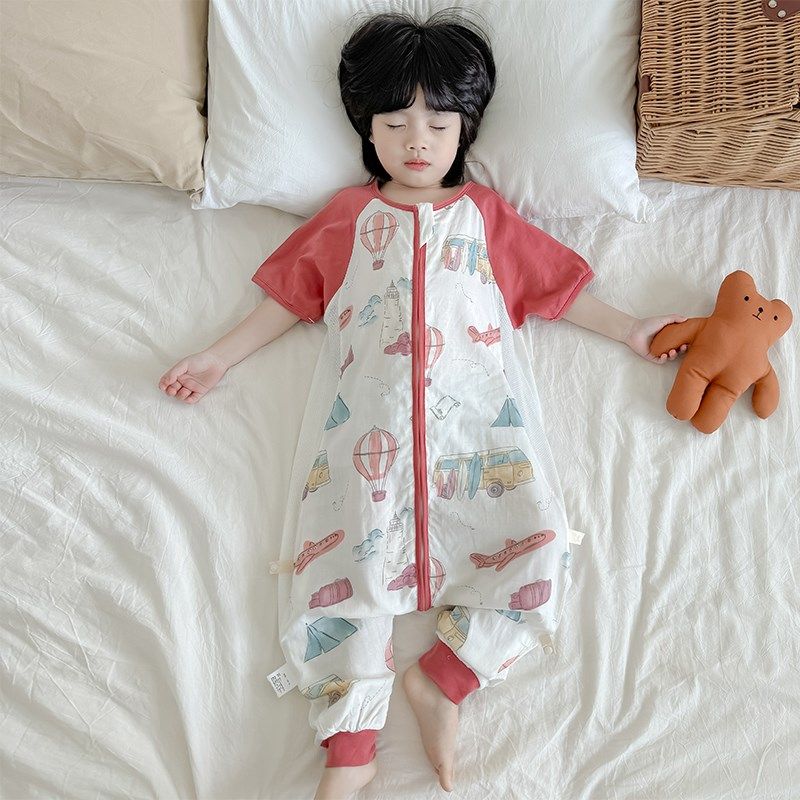 婴儿睡袋夏季竹棉纱布薄款短袖男女宝宝空调房防踢被神器网眼透气