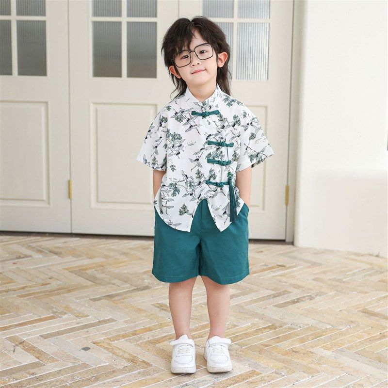 中国风汉服男童短袖套装2024夏儿童唐装小男孩新中式国潮提花礼服