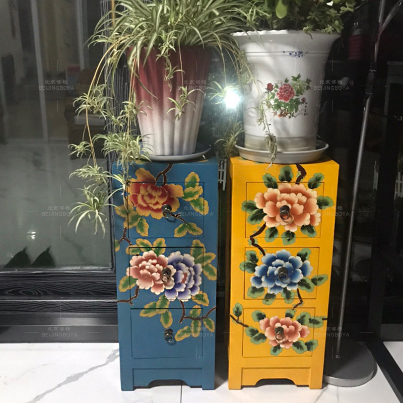 手工彩绘复古牡丹图三斗柜CD柜餐边床头柜花架地柜可定做实木家具