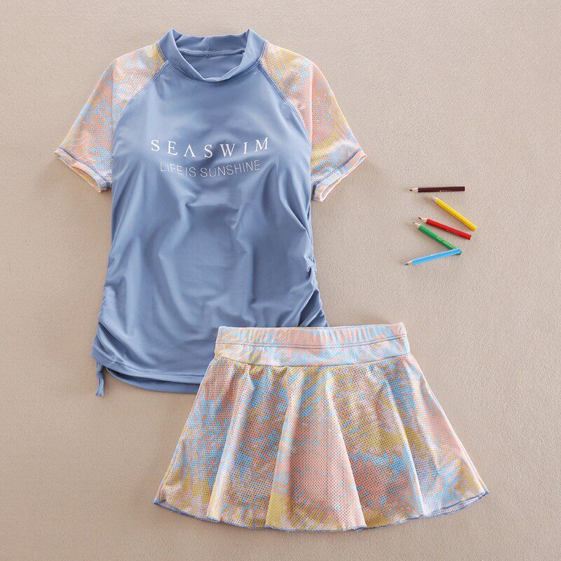 女中大童游泳衣分体12-15岁 宽松女童泳衣裙式学生平角裤女孩泳装