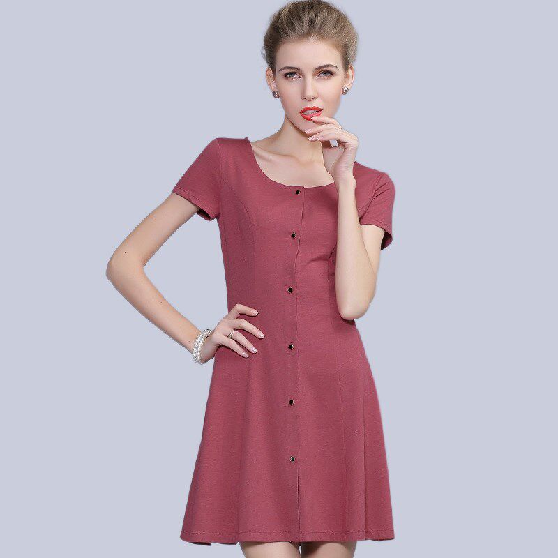 大码女装针织弹力短袖圆领连衣裙夏季女收腰收腰休闲衬衫t