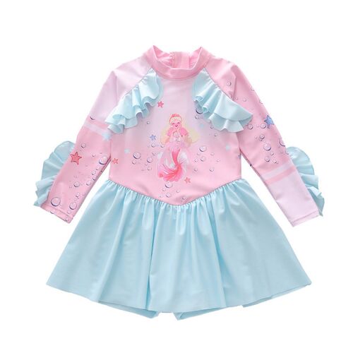 2024新款儿童泳衣女连体泳装小中大童长袖韩国公主荷叶飞边游泳衣