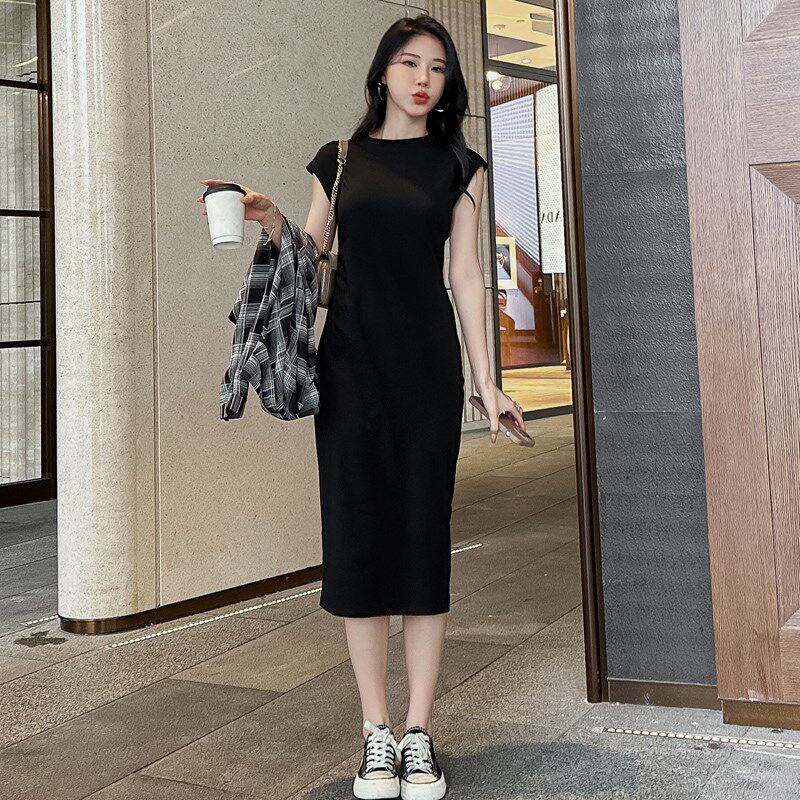 显瘦气质休闲连衣裙女2024新款夏季中长高级感修身短袖t恤裙长裙