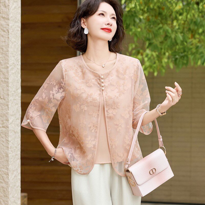 时尚妈妈装夏季雪纺假两件上衣中老年人新款衬衫短袖裤子两件套装
