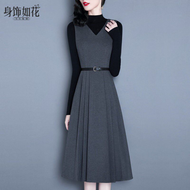 背心裙2025春秋冬新款气质名媛修身a字裙中长款V领灰色无袖连衣裙
