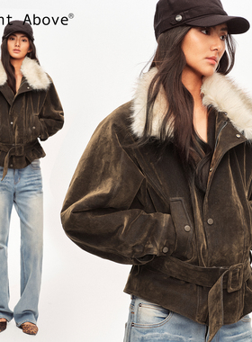 Right Above 洗水植绒牛仔毛领短款加厚夹克外套【环保貂毛内胆】