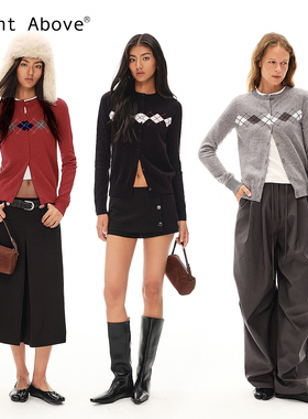 Right Above 菱形格羊毛修身毛衣女密针加厚针织开衫外套冬季新款