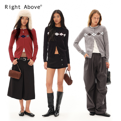 Right Above 菱形格羊毛修身毛衣女密针加厚针织开衫外套冬季新款