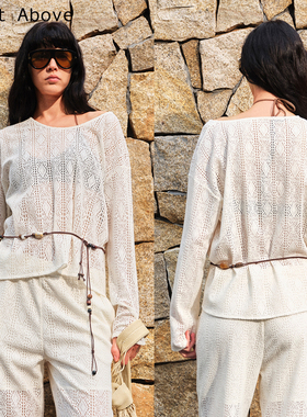 Right Above 白色蕾丝钩花镂空针织防晒罩衫夏宽松慵懒风斜肩上衣