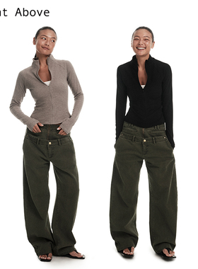 Right Above 古洗牛仔布全棉双腰头工装裤弧口袋铆钉军绿色弯刀裤