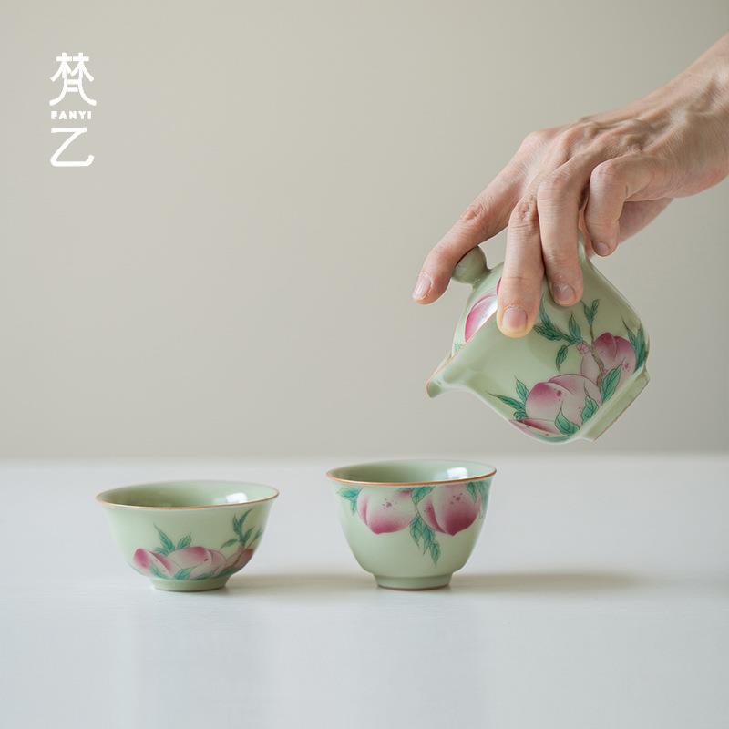 梵乙秘黄汝窑寿桃贴绘一壶两杯套装户外旅行便携式茶具笑套装