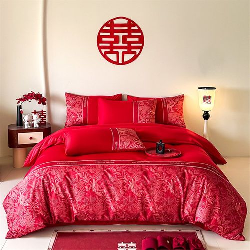 夏季婚庆水洗冰丝结婚用品床上四件套大红色双面丝滑被套床单套件