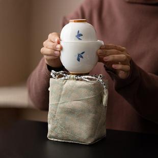 家用户外陶瓷泡茶快客杯便携式 手绘蝴蝶兰花旅行茶具套装 一壶二杯