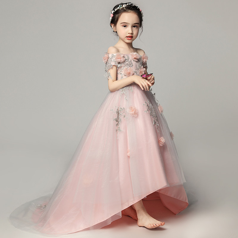 女童晚礼服公主裙儿童拖尾婚纱花童蓬蓬裙粉色主持人钢琴演出服秋