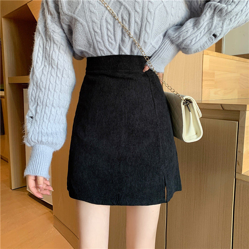 大码灯芯绒包臀开叉半身裙女士a字条绒短裙胖mm显瘦高腰秋冬裙子