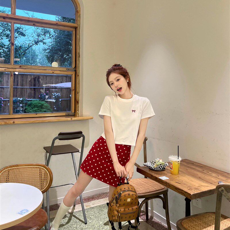 红色波点包臀半身裙女春季高腰a字一步裙法式超好看西装短裙秋季
