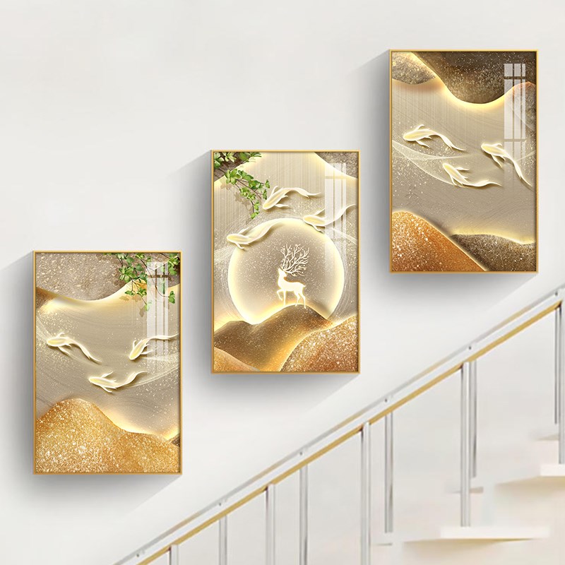九鱼图复式楼梯装饰画转角走廊过道背景墙墙面壁画客厅挂画三联画