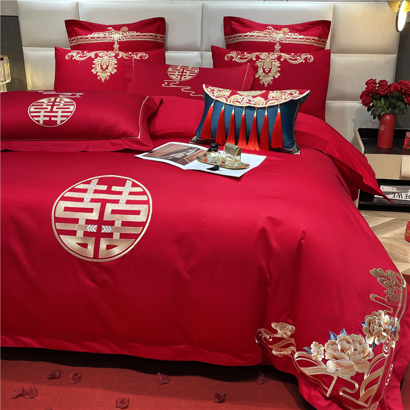 高档160支婚庆四件组大红色全棉纯棉新中式结婚牀上用品婚嫁喜被4