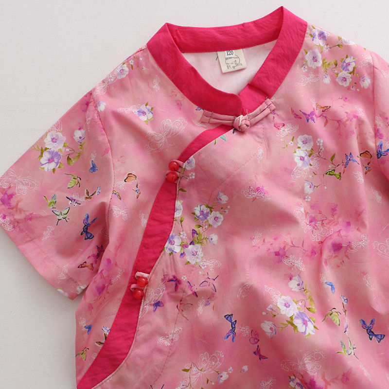 桃红洋气复古女童纯棉旗袍2022夏季薄款短袖连衣裙复古唐装汉服裙