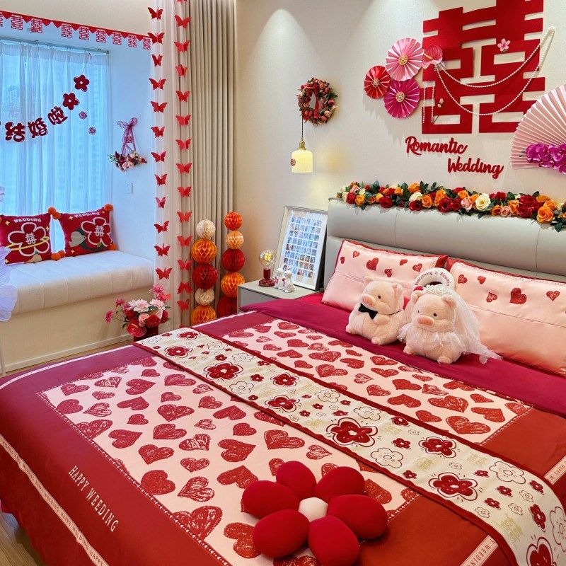 高档中式结婚四件套大红色被套床单纯棉喜被婚庆床上用品婚房陪嫁