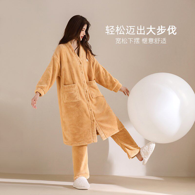 睡袍女士睡衣浴袍秋冬款冬季加长款法兰绒加厚加绒珊瑚绒冬天套装