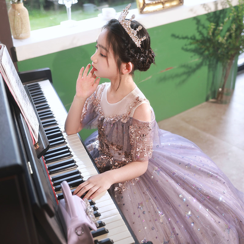 女童礼服轻奢小众高端公主裙生日紫色花童儿童主持人钢琴演出服夏