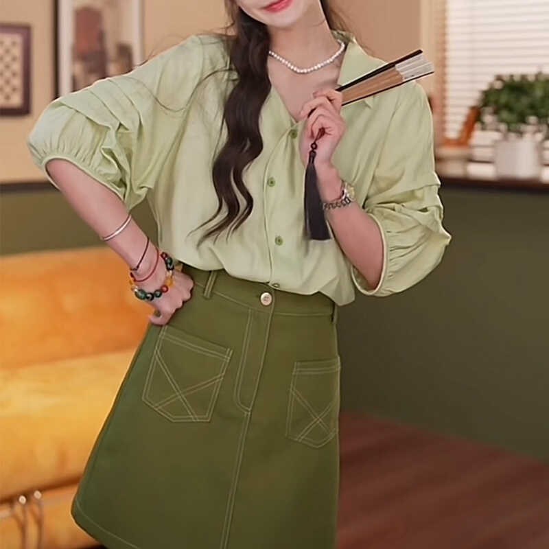 荔枝Lizhi复古港风绿色短袖衬衫女装夏季宽松显瘦高级感气质上衣