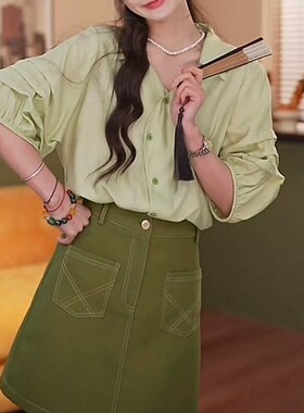 荔枝Lizhi复古港风绿色短袖衬衫女装夏季宽松显瘦高级感气质上衣