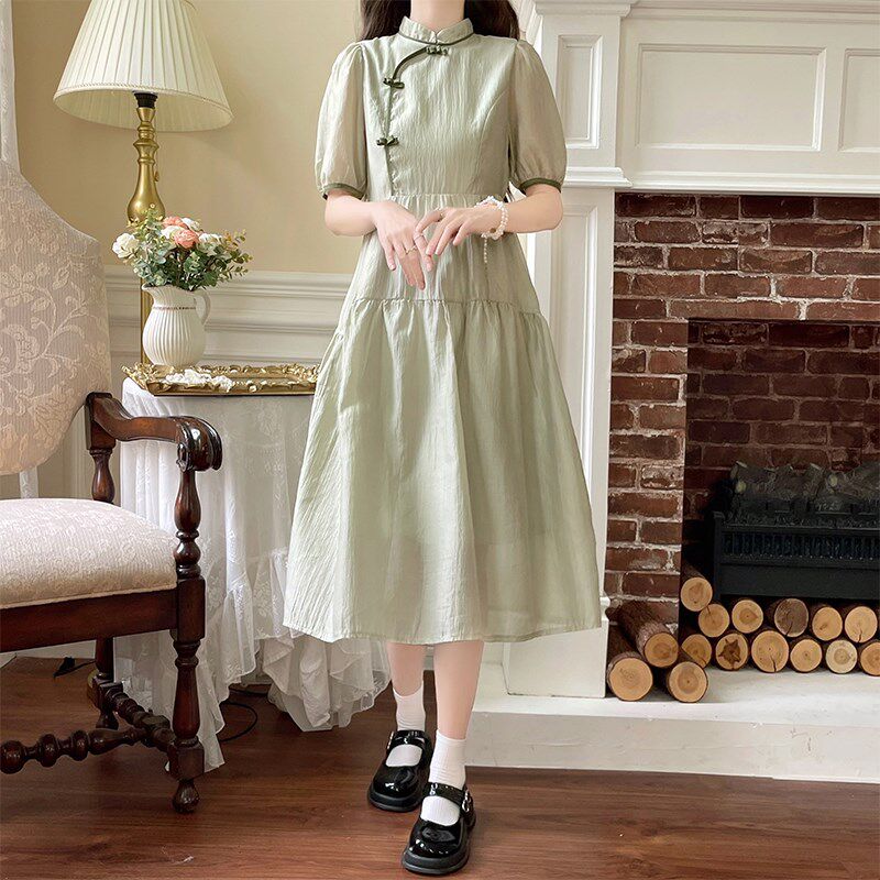 女大童衣服新中式旗袍连衣裙新款森系少女孩小清新学生过膝长裙子