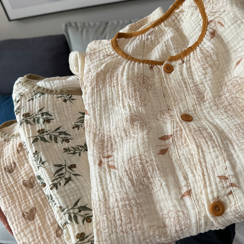 A类100全棉双层棉纱睡衣女家居服开衫长袖宽松纯棉纱布大码套装