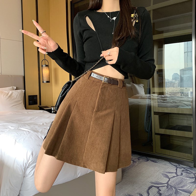 高腰灯芯绒A字短裙女大码百褶裙秋季复古防走光条绒遮胯半身裙冬