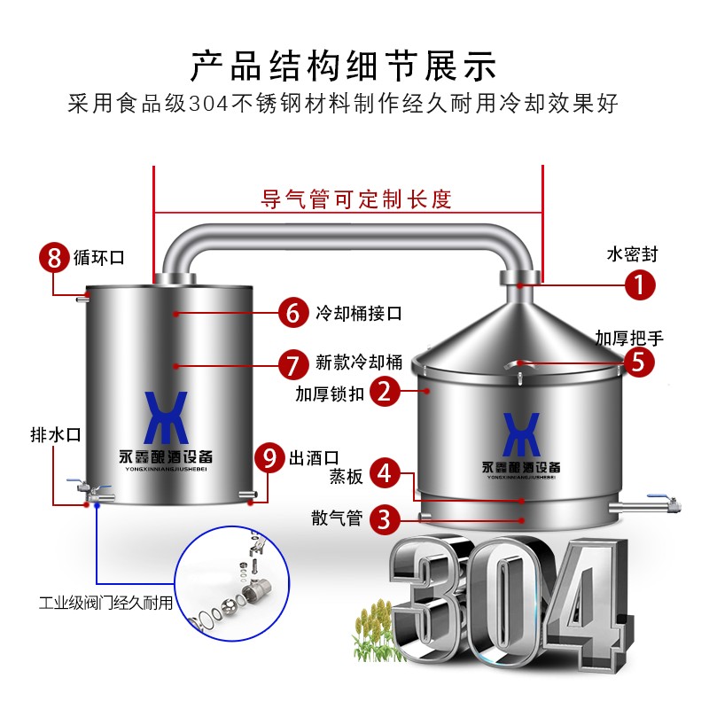 永鑫不锈钢蒸酒器酿酒设备大小型酒坊柴火传统烤煮酒家用酿醋设备