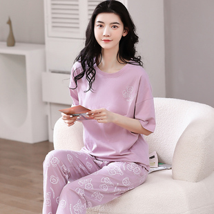 女 睡衣女秋纯棉可出门外穿家居服全棉短袖 长裤 春夏季 休闲两件套装