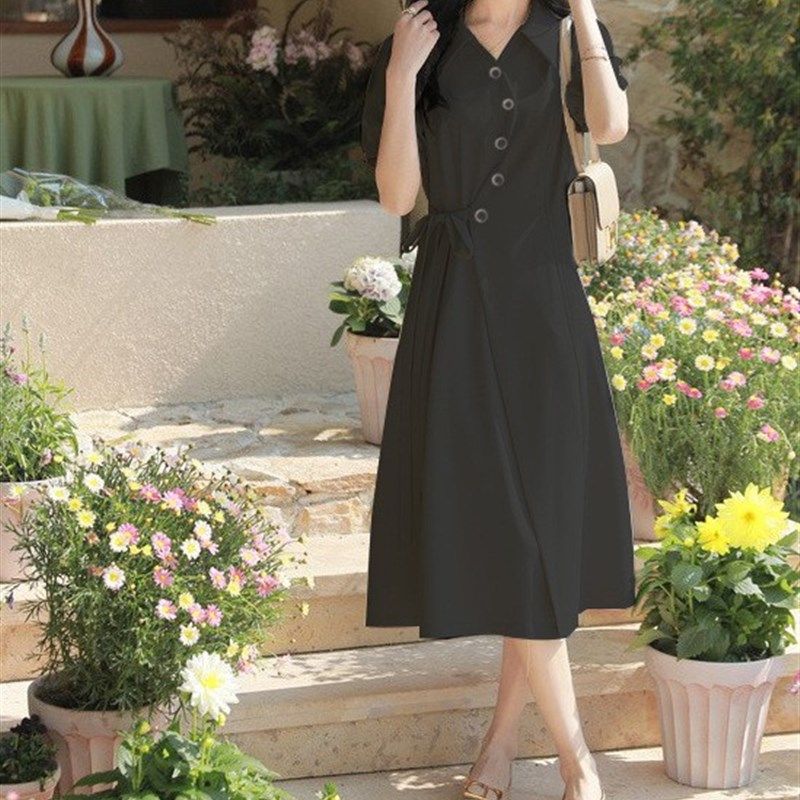 2024薄款短袖西装连衣裙女高级感显瘦大码胖mm职业收腰法式长裙子