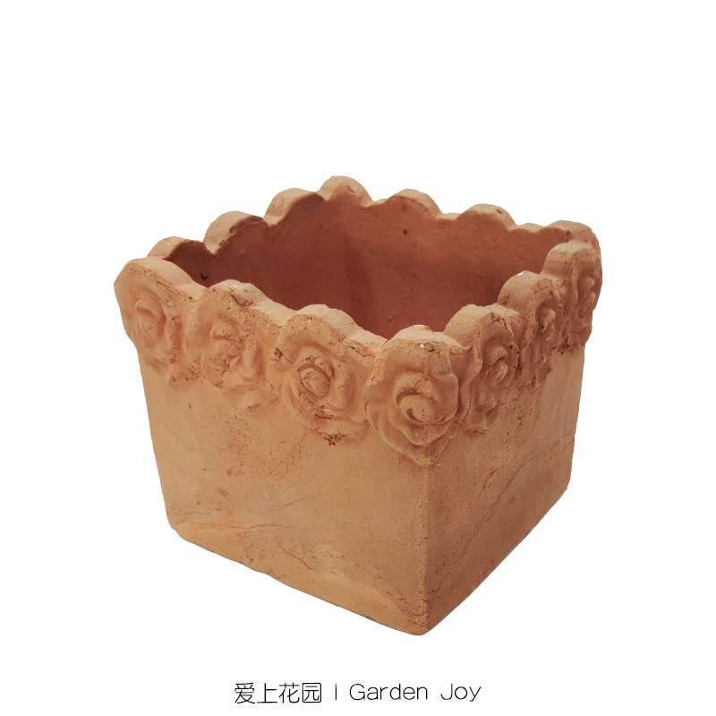 爱上花园丨园艺手压红陶花盆 陶盆 厚重园艺 玫瑰波浪边小方盆
