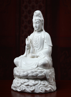 戴玉堂陶瓷坐莲观音菩萨佛像供奉家用南海观世音神像摆件德化白瓷