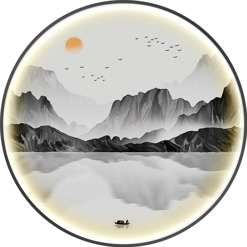 新中式圆形禅意山水装饰画入户玄关走道壁画客厅茶室发光led灯画图片