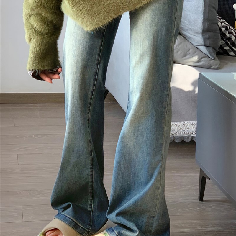 黄泥染微喇牛仔裤女夏季新款胖妹妹mm高腰显瘦阔腿裤梨形身材裤子