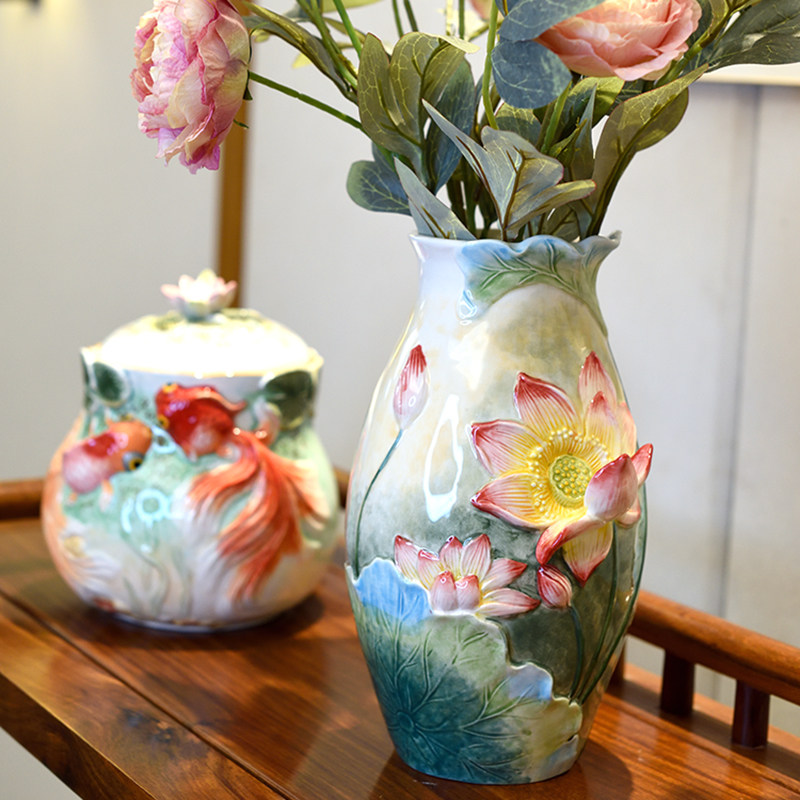新中式陶瓷荷花花瓶摆件客厅插花禅意办公室入户玄关家居装饰品