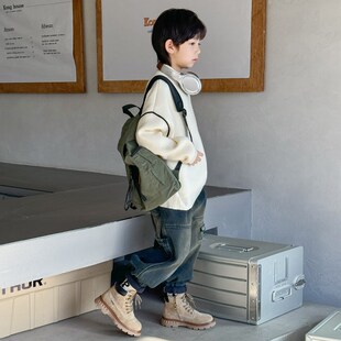 男童白色毛衣秋冬款2024新款中大儿童装男孩冬季半高领针织衫加厚