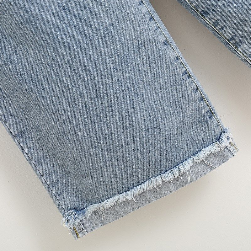 大码松紧腰阔腿牛仔裤女早秋季胖mm高腰宽松显瘦小个子九分直筒裤