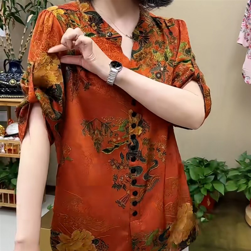 中年妈妈夏款t恤衫时尚套头女上衣加肥加大小衫丝滑凉快高档上衣