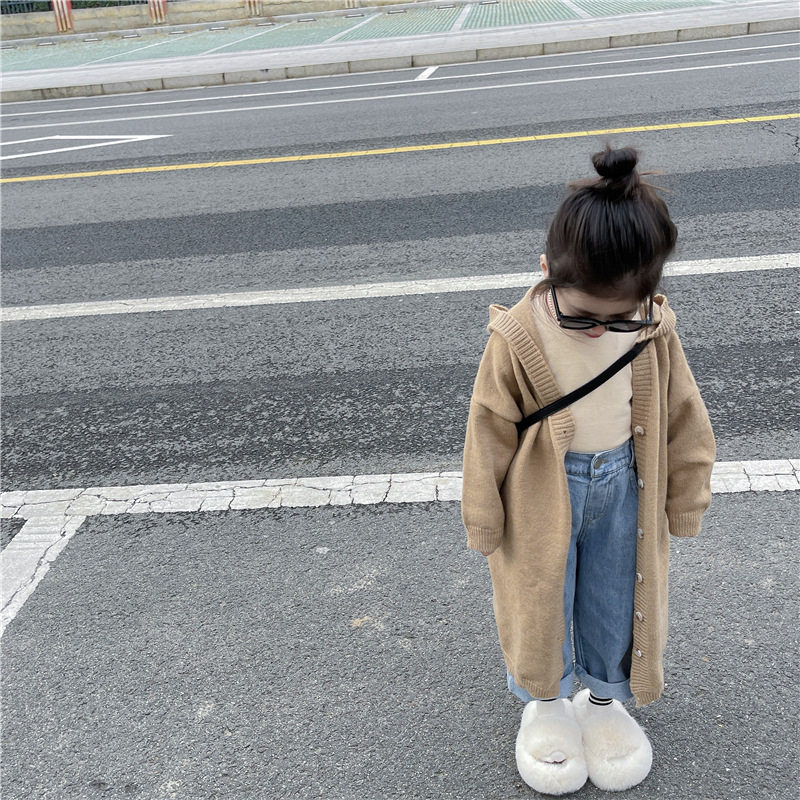 韩国童装女童中长款针织外套2023春装新款儿童连帽毛线衣宝宝开衫