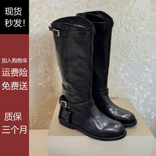 高筒/短筒2026秋冬新款骑士靴女黑色圆头平跟欧美皮带扣长筒靴