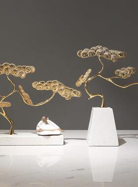 新中式禅意迎客松摆件别墅样板间博古架玄关大理石艺术摆设装饰品